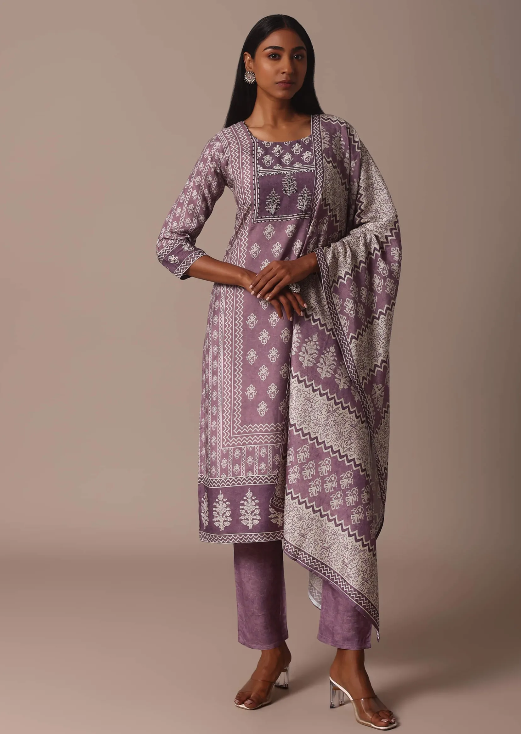 Purple Crepe Printed Kurti Pant Set With Cutdana Detail