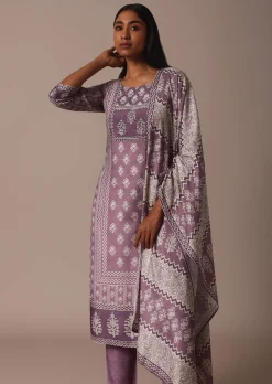 Purple Crepe Printed Kurti Pant Set With Cutdana Detail