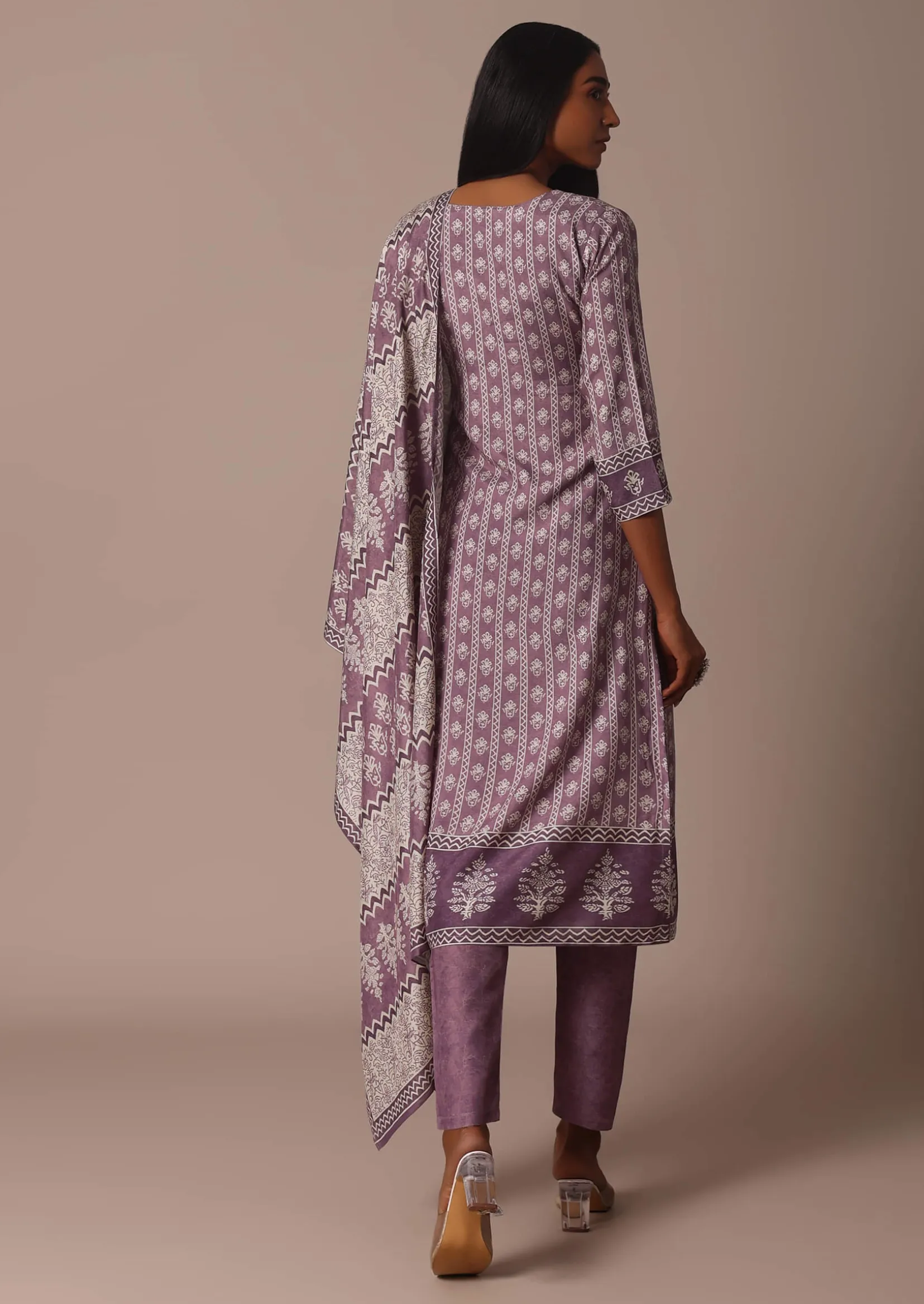 Purple Crepe Printed Kurti Pant Set With Cutdana Detail