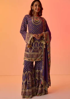 Purple Crepe Silk Sharara Set With Mirror And Sequins Work
