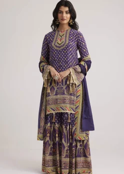 Purple Crepe Silk Sharara Set With Mirror And Sequins Work