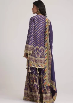 Purple Crepe Silk Sharara Set With Mirror And Sequins Work