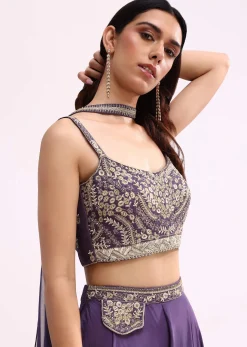 Purple Crop Top And Palazzo Set With Zari Work