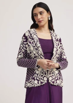 Purple Crop Top Skirt And Embroidered Jacket Set