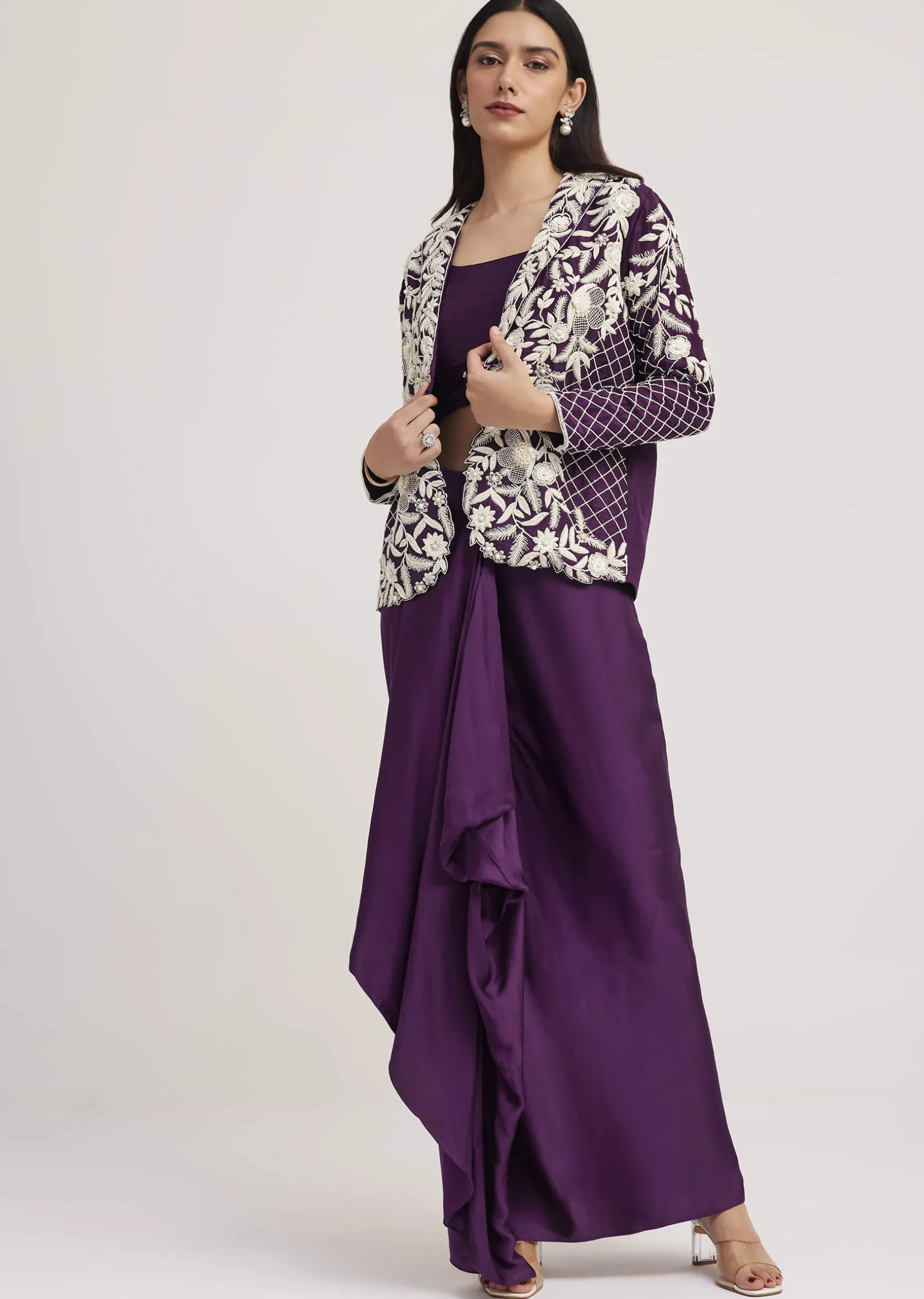 Purple Crop Top Skirt And Embroidered Jacket Set