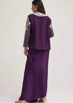 Purple Crop Top Skirt And Embroidered Jacket Set