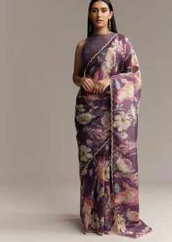 Purple Crush Tissue Saree With Floral Print And Embroidered Border