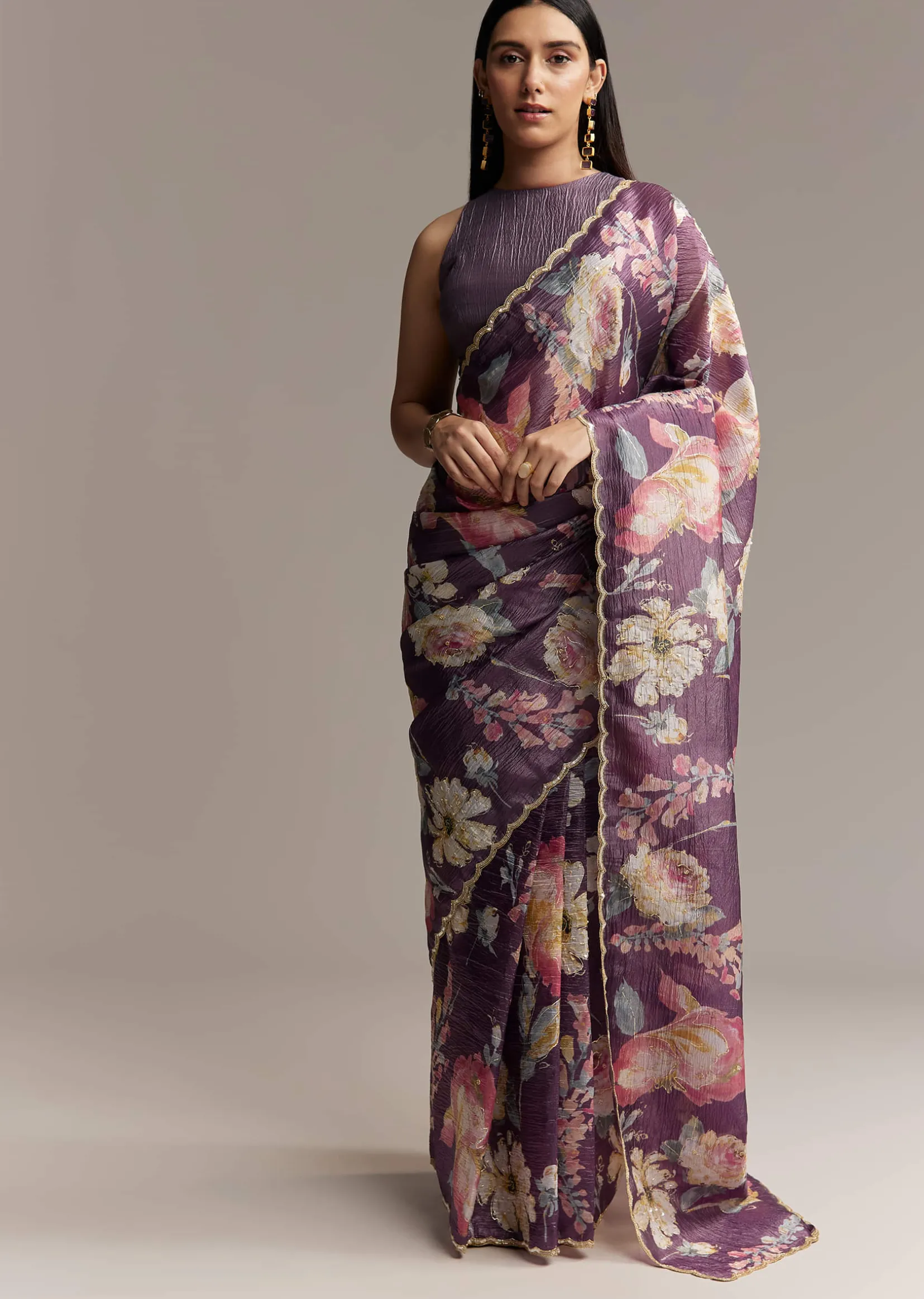 Purple Crush Tissue Saree With Floral Print And Embroidered Border