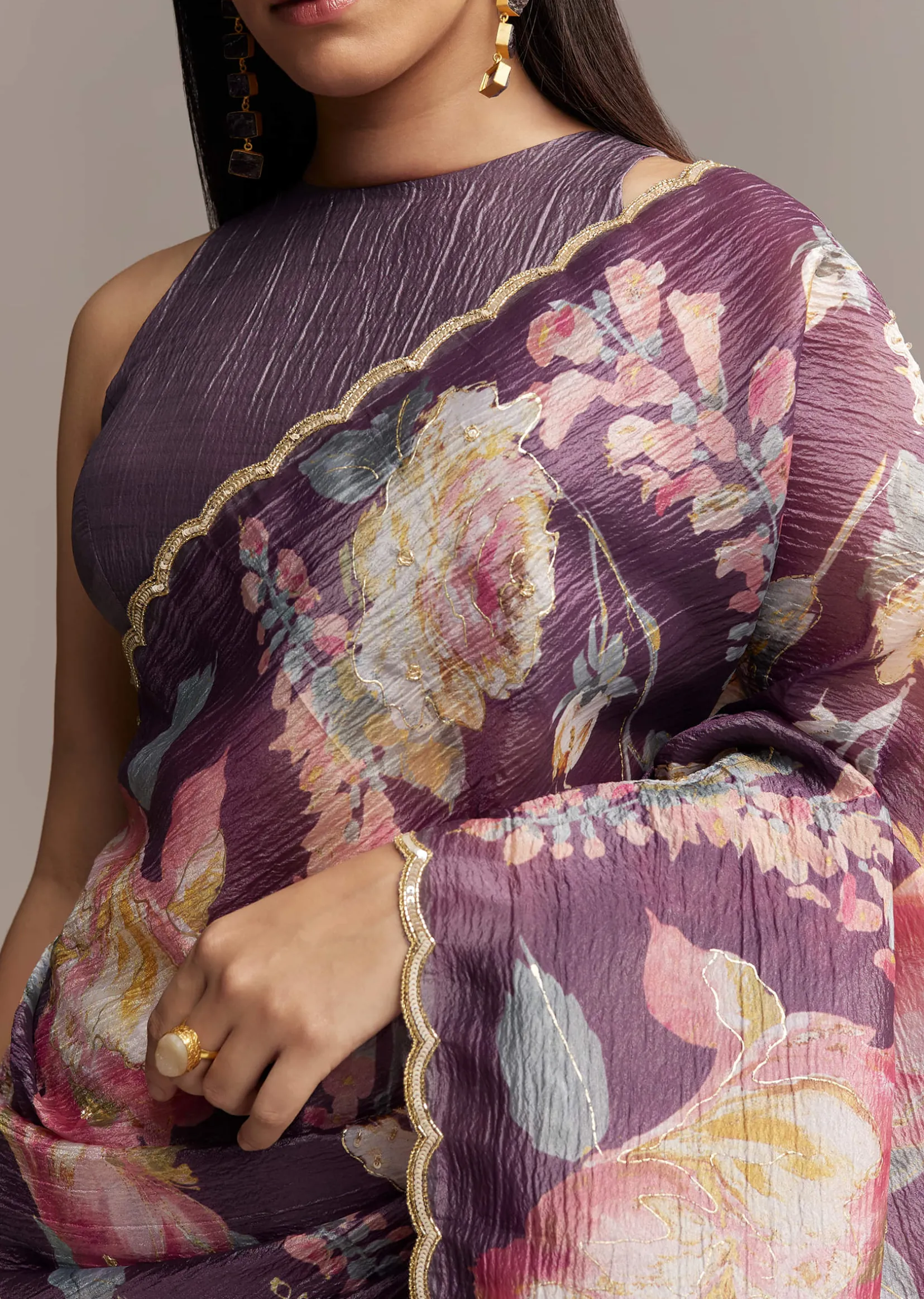 Purple Crush Tissue Saree With Floral Print And Embroidered Border