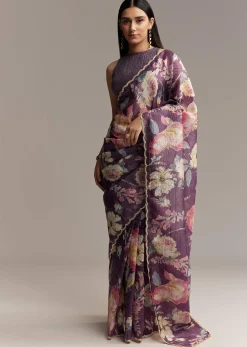 Purple Crush Tissue Saree With Floral Print And Embroidered Border