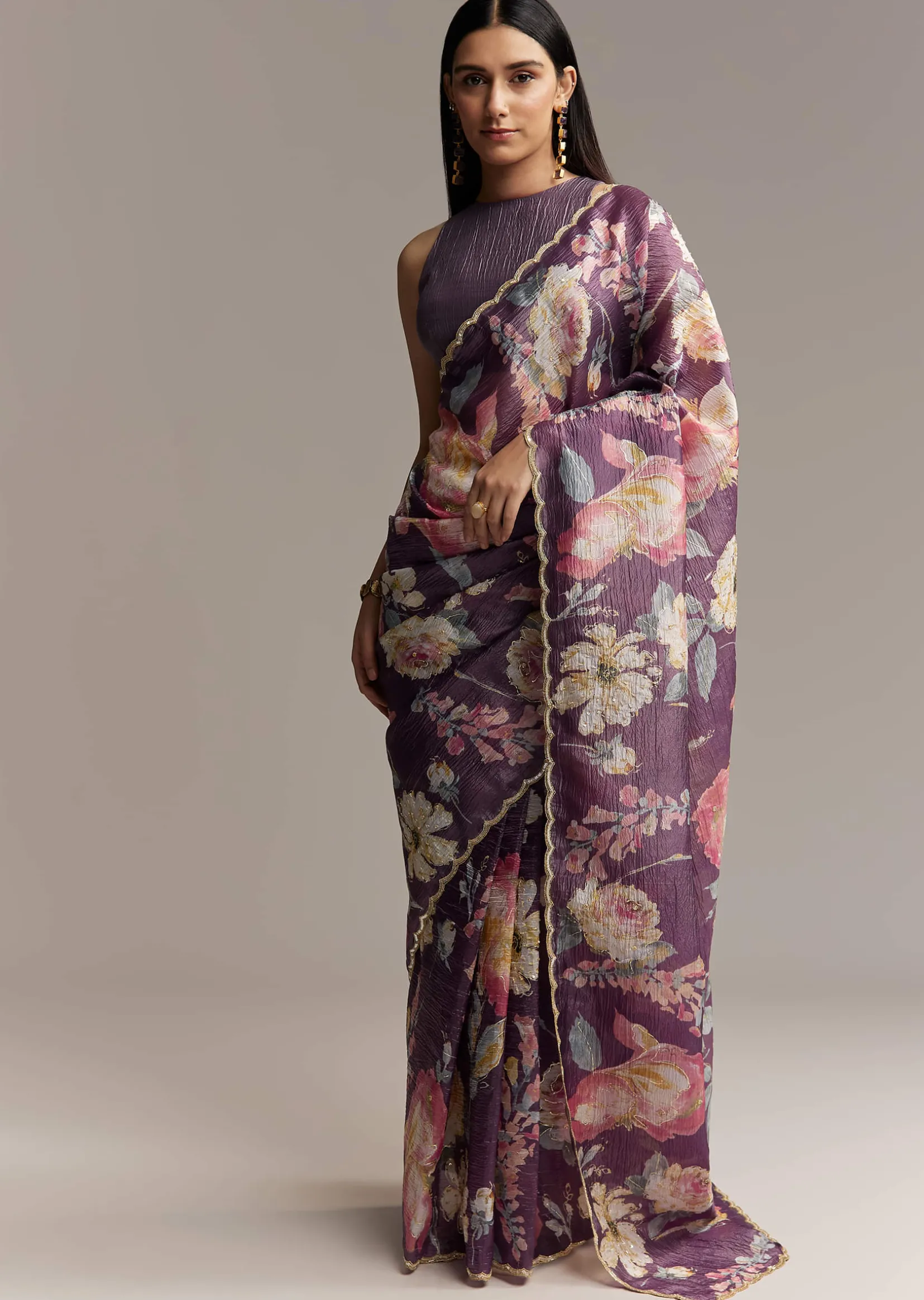 Purple Crush Tissue Saree With Floral Print And Embroidered Border