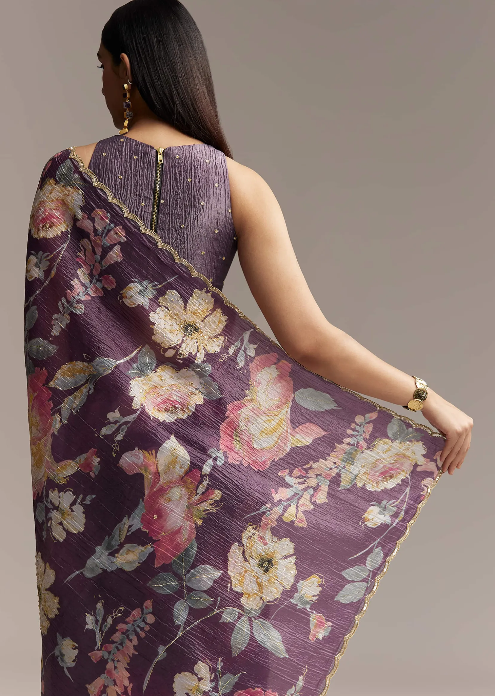Purple Crush Tissue Saree With Floral Print And Embroidered Border