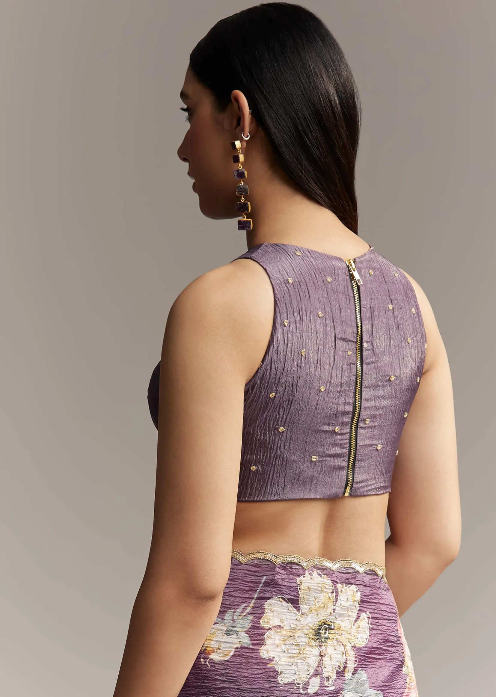 Purple Crush Tissue Saree With Floral Print And Embroidered Border