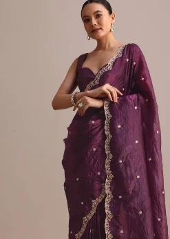 Purple Crushed Tissue Saree With Sequin And Cutdana Embroidered Border