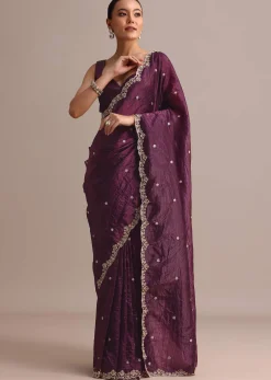Purple Crushed Tissue Saree With Sequin And Cutdana Embroidered Border