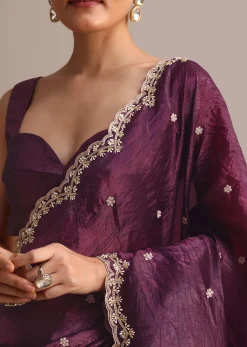 Purple Crushed Tissue Saree With Sequin And Cutdana Embroidered Border