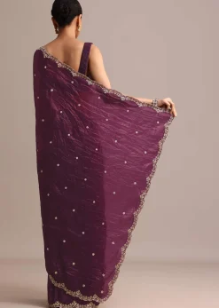 Purple Crushed Tissue Saree With Sequin And Cutdana Embroidered Border