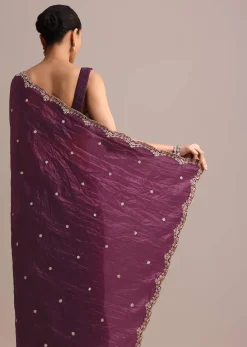 Purple Crushed Tissue Saree With Sequin And Cutdana Embroidered Border