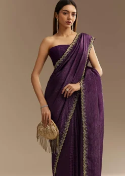Purple Crushed Tissue Saree With Cutdana And Beads Embroidery