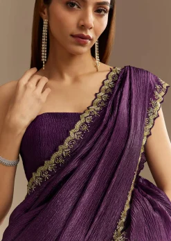 Purple Crushed Tissue Saree With Cutdana And Beads Embroidery