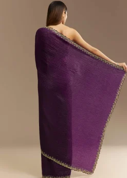 Purple Crushed Tissue Saree With Cutdana And Beads Embroidery