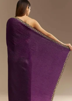 Purple Crushed Tissue Saree With Cutdana And Beads Embroidery