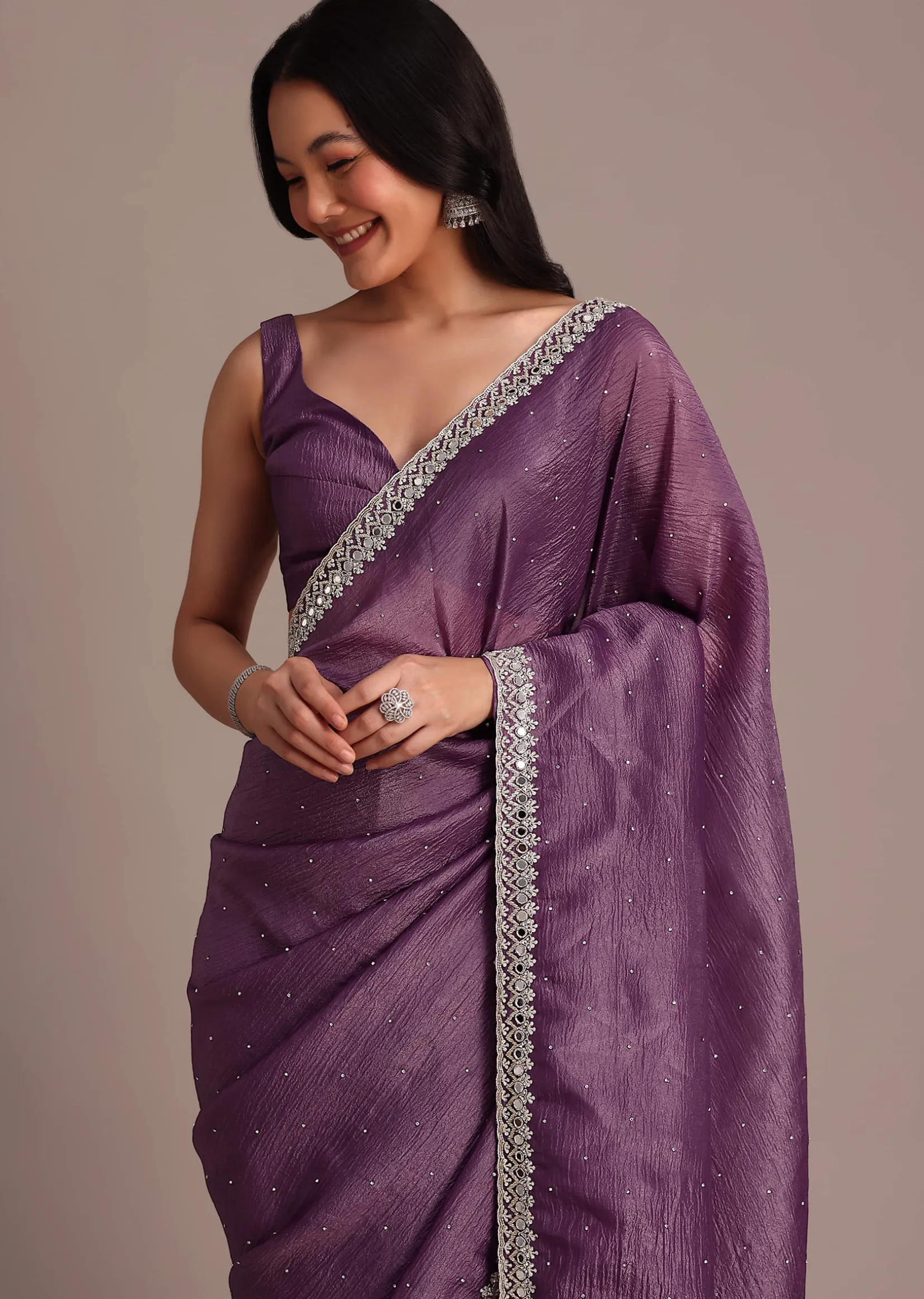 Purple Crushed Tissue Saree With Mirror And Cutdana Embellished Border