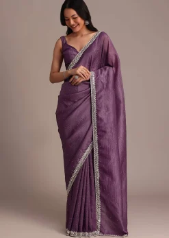 Purple Crushed Tissue Saree With Mirror And Cutdana Embellished Border