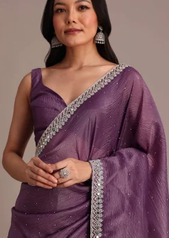 Purple Crushed Tissue Saree With Mirror And Cutdana Embellished Border