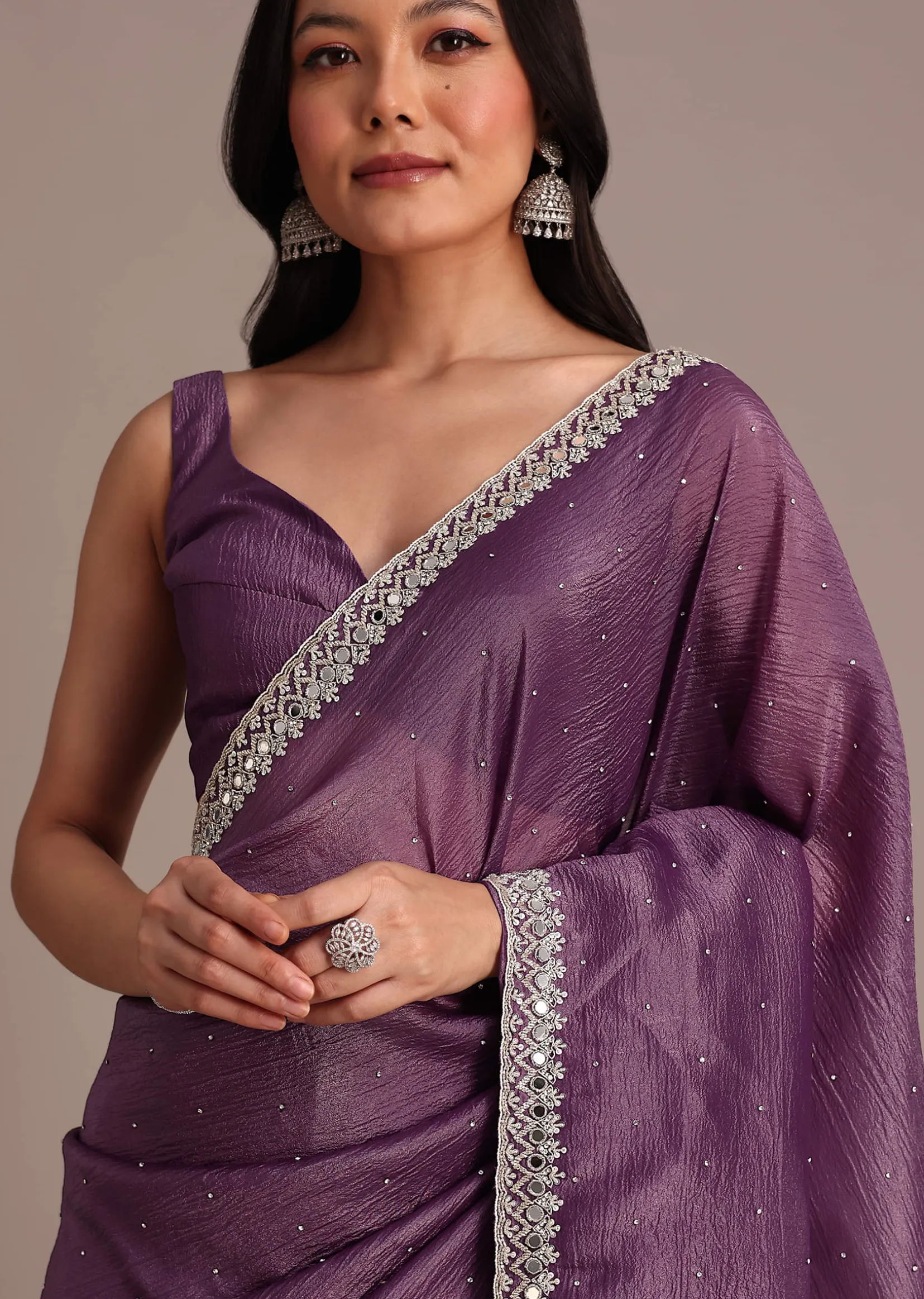 Purple Crushed Tissue Saree With Mirror And Cutdana Embellished Border