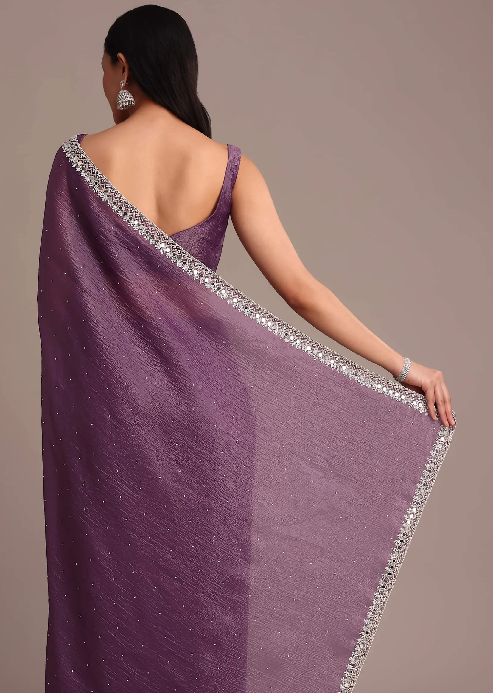 Purple Crushed Tissue Saree With Mirror And Cutdana Embellished Border