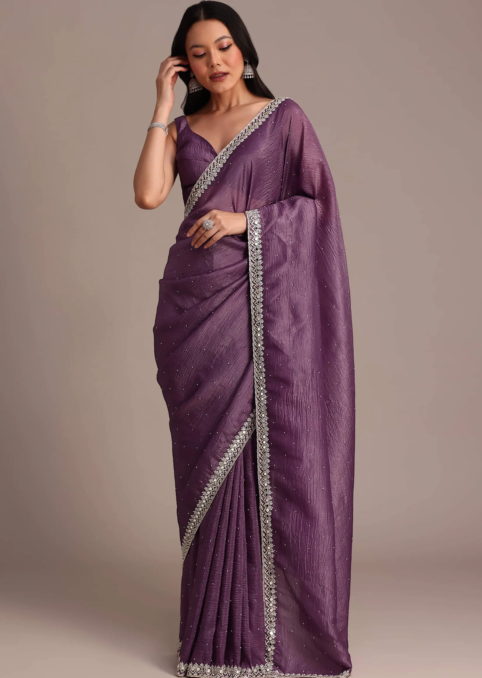 Purple Crushed Tissue Saree With Mirror And Cutdana Embellished Border