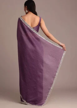 Purple Crushed Tissue Saree With Mirror And Cutdana Embellished Border