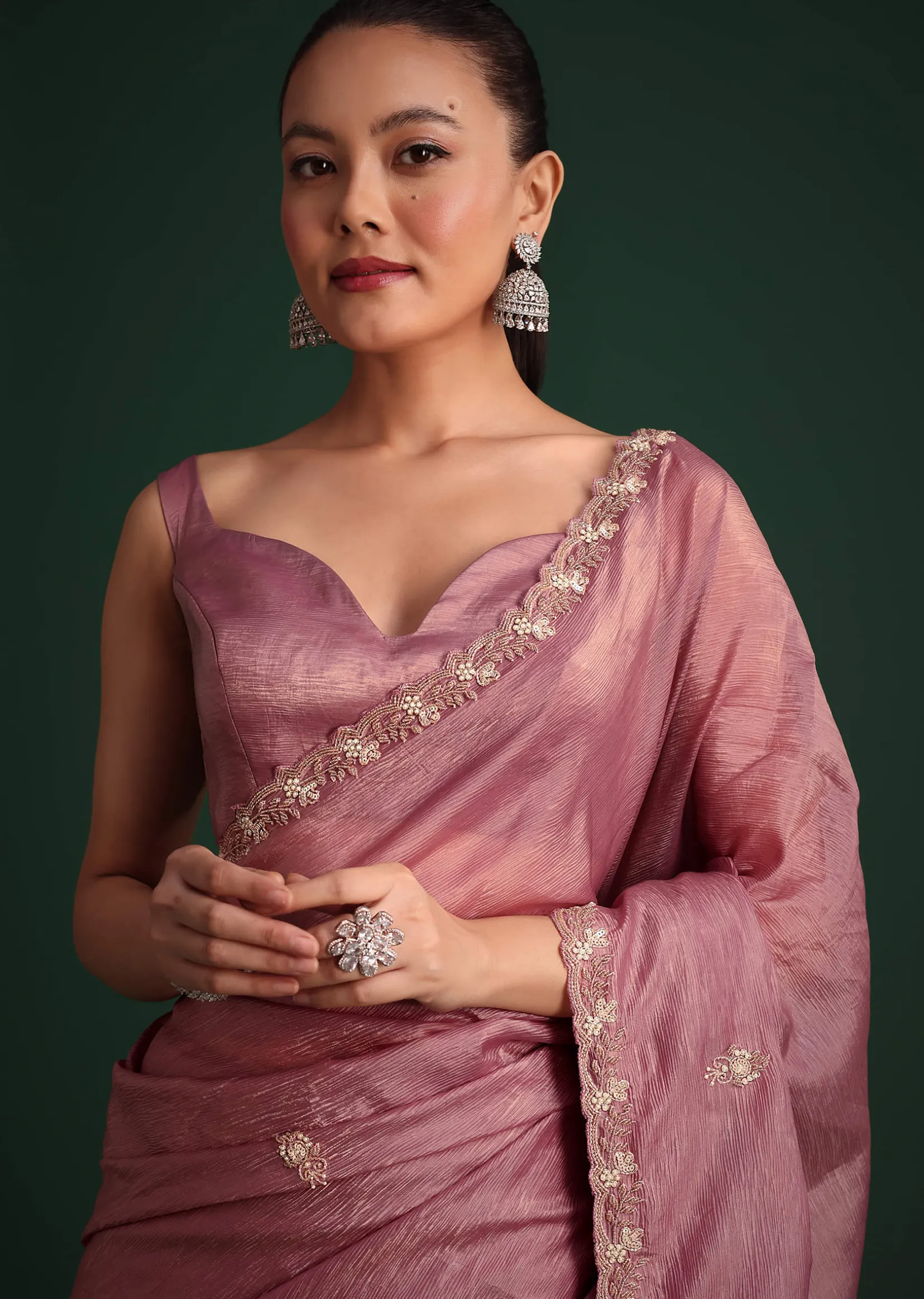 Purple Crushed Tissue Saree With Sequin Embellishments
