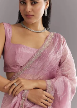 Purple Crushed Tissue Saree With Stone Embellishment And Embroidered Border