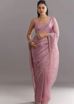 Purple Crushed Tissue Saree With Stone Embellishment And Embroidered Border
