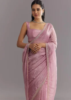 Purple Crushed Tissue Saree With Stone Embellishment And Embroidered Border