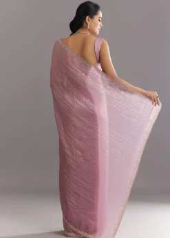 Purple Crushed Tissue Saree With Stone Embellishment And Embroidered Border
