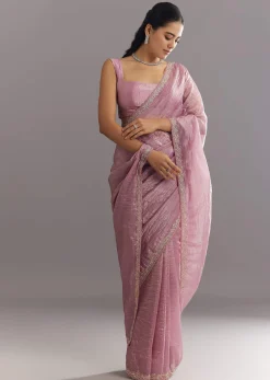 Purple Crushed Tissue Saree With Stone Embellishment And Embroidered Border