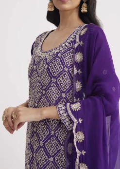 Purple Cutdana Embroidered Sharara Suit With Organza Dupatta
