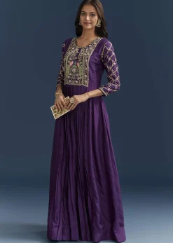 Purple Dola Silk Anarkali Suit With Gotta And Beaded Embroidery