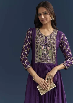 Purple Dola Silk Anarkali Suit With Gotta And Beaded Embroidery