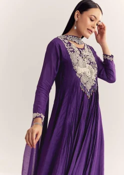 Purple Dola Silk Anarkali With Silver Zardosi And Choker Dupatta