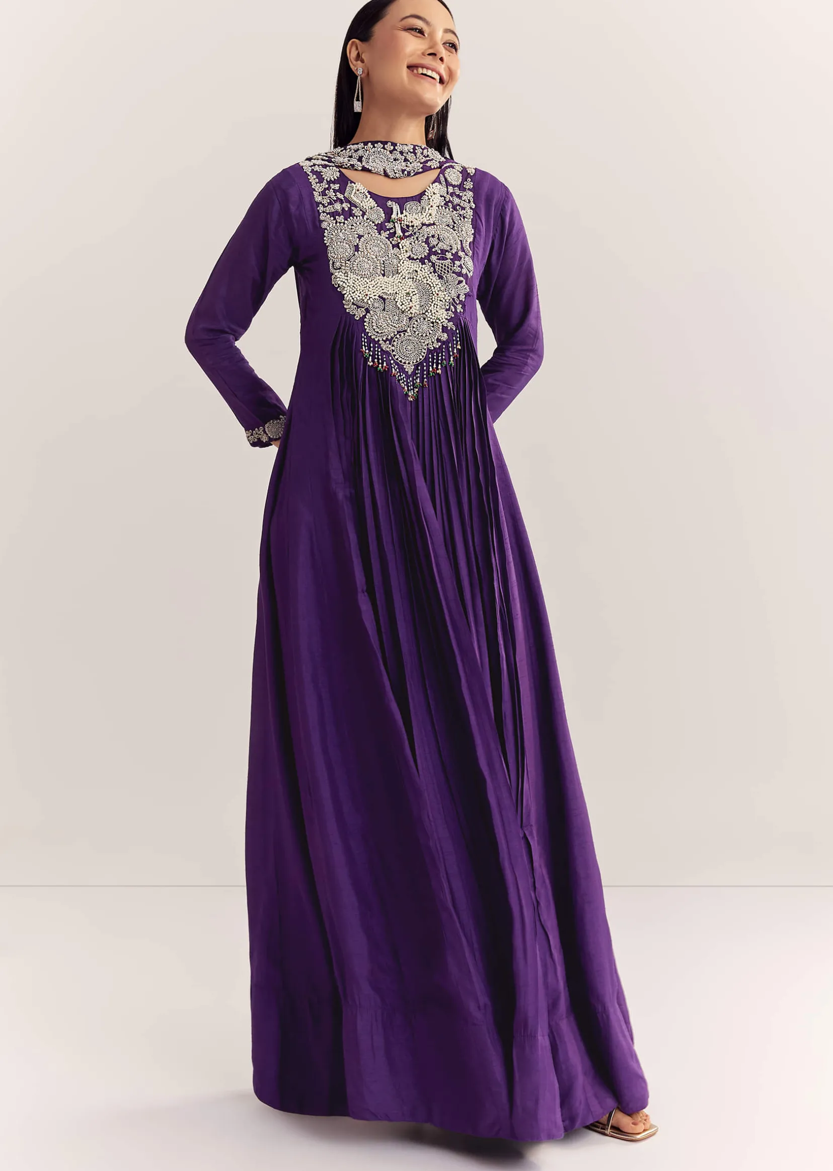 Purple Dola Silk Anarkali With Silver Zardosi And Choker Dupatta