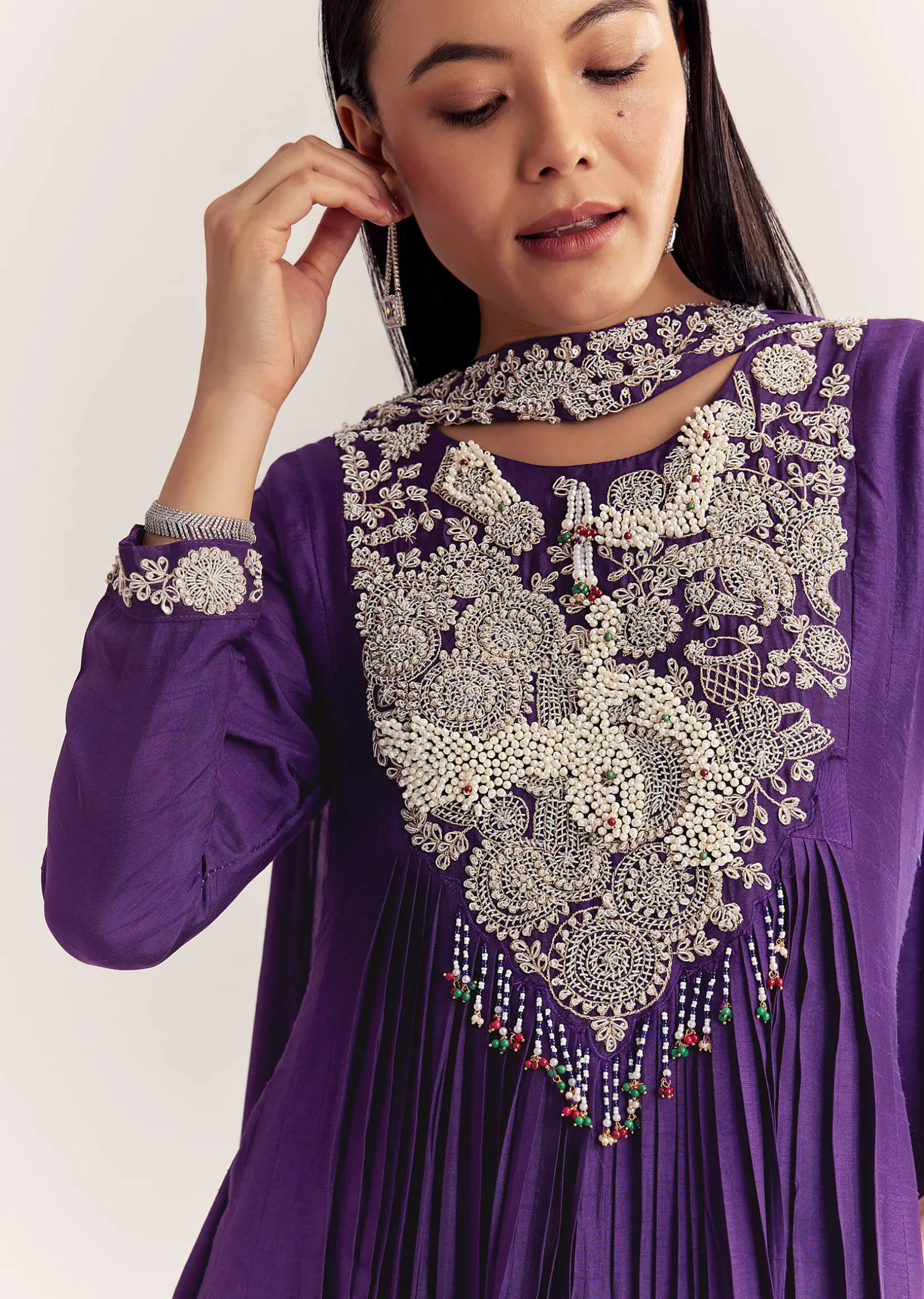 Purple Dola Silk Anarkali With Silver Zardosi And Choker Dupatta