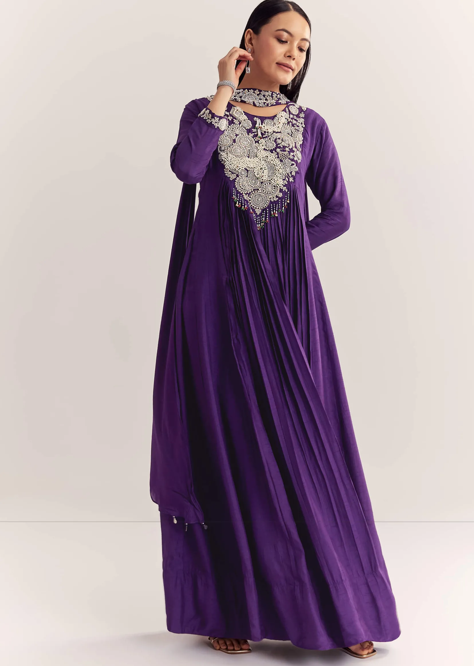 Purple Dola Silk Anarkali With Silver Zardosi And Choker Dupatta