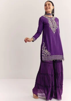 Purple Dola Silk Kurta Set With Zardosi And Choker Dupatta