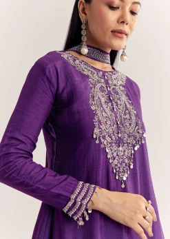 Purple Dola Silk Kurta Set With Zardosi And Choker Dupatta