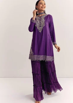 Purple Dola Silk Kurta Set With Zardosi And Choker Dupatta