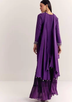 Purple Dola Silk Kurta Set With Zardosi And Choker Dupatta